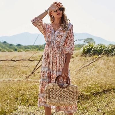 China 2021 Breathable Hot Selling Floral Summer Dress Women Dresses Beach Elegant Bohemian Dress For Women for sale