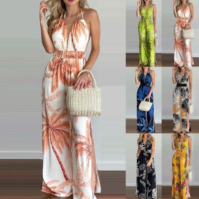 China Breathable Deep V Neck Floral Print Women Overalls Ladies Backless Lace Up Maxi Dress Women Long Sleeveless Dresses For Summer Beach Style for sale