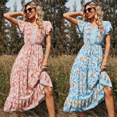 China Anti-wrinkle Beach Dress Summer Bohemian Rayon Squishy Ladies Fashion Wear Flower Printed Maxi Long Clothing Women Boho Floral Causal Dress for sale