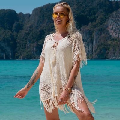 China Plus size summer fashion women blouse sexy plus lady loose hollow beach cover up skirt crochet tassels bikini swimwear lace Bohemian dress for sale