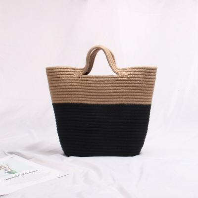 China Lady Striped Two Color Jute Tote Bag Fashion Summer Spring Vacation Beach Bag Women Wholesale Bucket Bag for sale