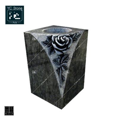 China Traditional Black Granite Square Shape Vases With Flower Carving Square Granite Cemetery Vase for sale