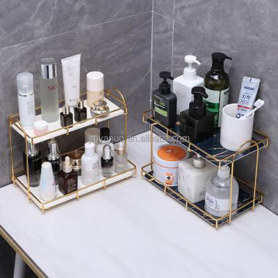 China 2 Tier Rectangle Rack Bathroom Storage Organizer Countertop Dresser Wire Desktop Cosmetic Rack for sale