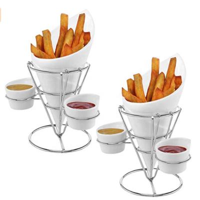 China Sustainable New Product Novelty Cone Porcelain French Fries Holder With Metal Basket Rack for sale