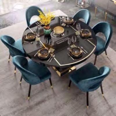 China Luxury Home Living Room Furniture Foldable Extendable Marble Top Dining Table And 6 Gold Stainless Steel Legs Chairs For Dining Room for sale