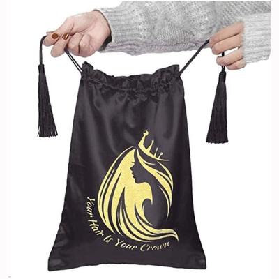 China Custom Logo Luxury Black Silk Cloth Satin Cloth Hair Extensions Wig Pouches Drawstring Packaging Pouch Storage With Ribbon Tassel for sale