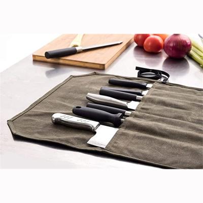 China Custom Folding Paring Waxed Canvas Multi Outdoor Hot Selling Roll Chef Knife Handy Camping Kitchen Tool Bag for sale