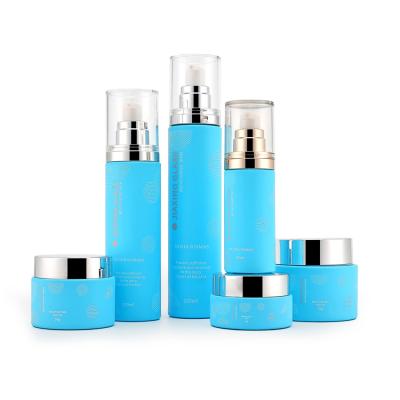 China Personal Care Packaging 30g 50g 40ml 100ml 120ml Luxury Blue Cosmetic Packaging 30g 50g 40ml 100ml 120ml Bottle Cream Jar Cream Jar Set for sale