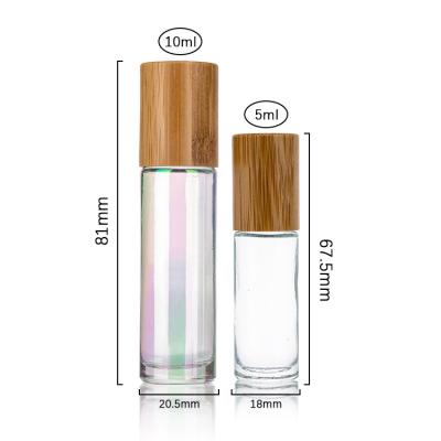 China Cosmetic 5ml 10ml Stainless Steel Essential Oils Rollerballs Rolling Ball Eye Cap Bamboo Wood Top Roll Cream On Roller Glass Bottle for sale