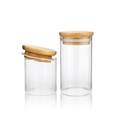 China Wholesale Freshness Preservation High Borosilicate Glass Storage Jar With Bamboo Lid Smell Proof Top Cover Packing Kitchen Spice Container for sale