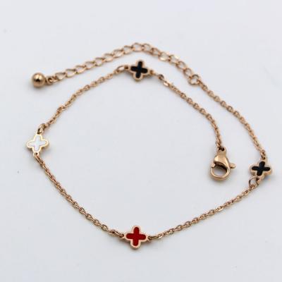 China Simple Vintage Korea Red Color Clover Black And White Epoxy Double Sided Anklet Bracelet for sale