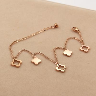 China Summer Flat Fashion Vintage Hollow Clover Women's Titanium Rose Gold Plated Steel Anklet for sale