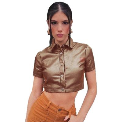 China 2022 Summer Hot Casual T-shirts Women Anti-wrinkle Solid Color Decline Latest Collar Design Sexy Crop Tops for sale