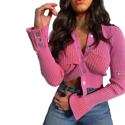 China Amazon Hot Selling Anti-pilling Sexy Slim Solid Ribbed Long Sheath Single Breasted Shirts For Women Crop Top for sale