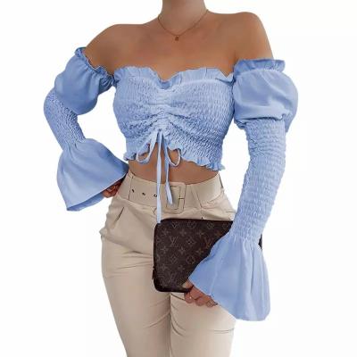 China Fashionable Women's Summer Anti-Pilling Drawstring Lace Tops Sexy One-Shoulder Long Sleeves Crop Top for sale