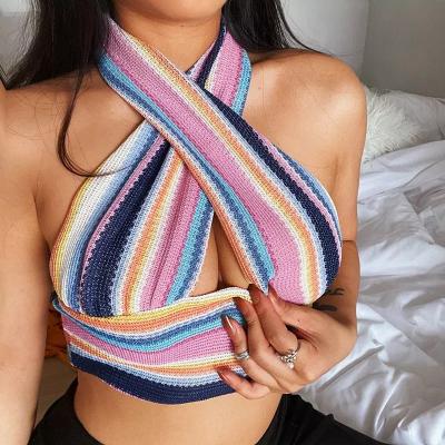 China Women's Summer Fashion Anti-pilling Sexy Slim Fit High Quality Vintage Colorful Sleeveless Crisscross Halterneck Knitted Top For Women for sale