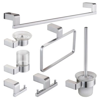 China Durable/Fashion/Economical Silver Aluminum Aluminum Bathroom Brush Holder Robe Hook Robe Hook Soap Dish Towel Rack Hardware Set for sale