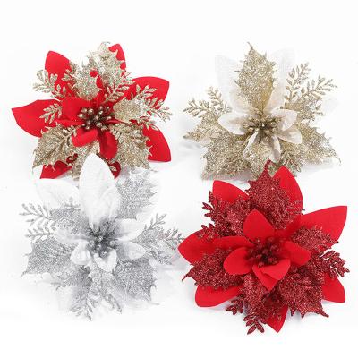 China Hot Selling Polyester+Glitter Christmas Flower Artificial Tree Hanging Christmas Party Tree Decoration Poinsettia Flower for sale