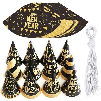 China Fashional 2024 HAPPY NEW YEAR paper hat Black gold headband pointed hat party party decoration supplies for sale