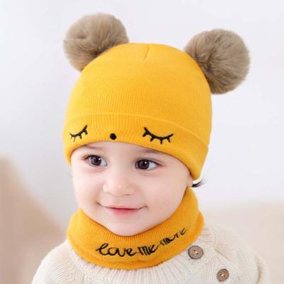 China Wholesale knitted plush baby hat with pom poms and neck warmer for sale