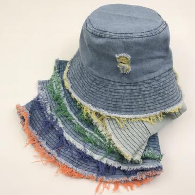 China Character Two Tone Stylish Fashion Outdoor Travel Distressed Cotton Jeans Bucket Hat For Woman Lady Girls for sale