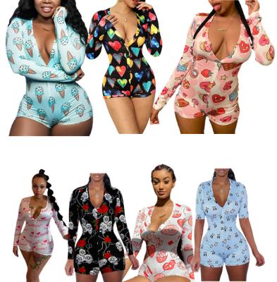 China Custom Cheap Free Sample QUICK DRY Women's Button Down Onesie Jumpsuit 2021 Overall Sexy Clubwear Romper V-Neck Onesie Pajamas One Piece for sale