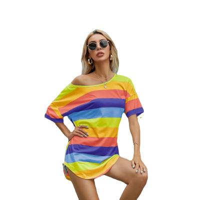 China Wholesale Breathable S-5XLSummer Stripe Breathable T Shirt For Women Soft Nightgown Short Sleeve Shirt for sale