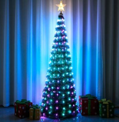 China PVC dropshipping 1.8M/1.5M/1.2M artificial Christmas tree with LED copper string lights and top star with remote control for sale