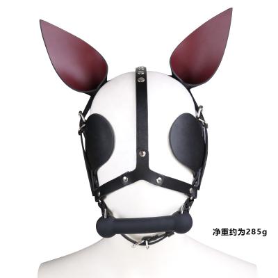 China Real Leather Hood Bunny Ears Ball Gag Harness Real Leather Harness Hood with Eye Mask for sale