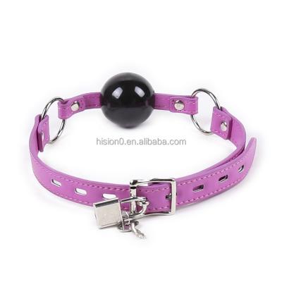 China For Adult Bondage Restraint Stimulation BDSM Mouth Gag Black Ball Gag Toy Lockable Bright Shiny Silicone High Quality Mouth Gag With Colorful Leather Belt for sale