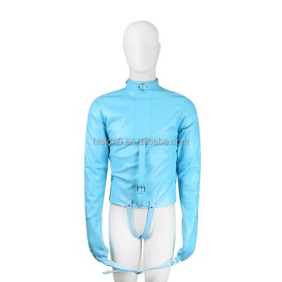 China For Adult Stimulation Blue Leather Straitjacket With Thong Belt Strap Lingerie Body Bondage Restraint for sale