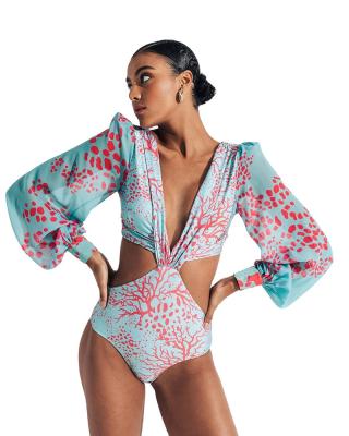 China Wholesale One Piece Swimsuit Feminine Sleeve Swimwear Women Plus Size Long Plus Size Bathing Suit Print Bandage Summer Bathers Monokini for sale