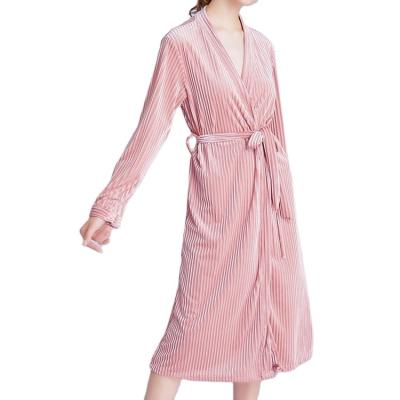 China QUICK DRY Simple Comfortable Pure Color Stripe Overknee Long Sleeve Nightgown Women Pajamas Bathrobe for sale