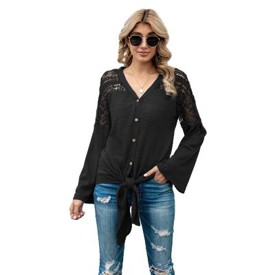 China Anti-pilling Fashion Simple V-Neckline Knit Long Sleeve Shirt Blouses for sale