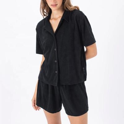 China New Style Summer QUICK DRY Comfortable Black Ladies Short Sleeve Shirts Above Knee Shorts Casual Suit Two Piece Suit for sale