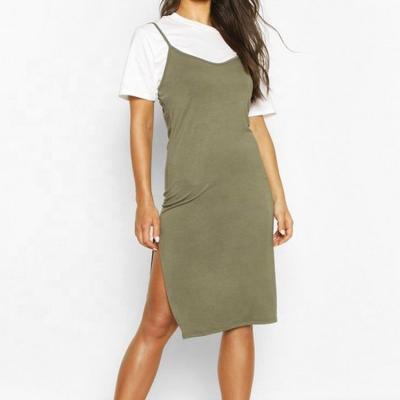 China High Quality Breathable Light Modal V-neck Sleeveless Casual Dresses Side Split Style Bodycon Midi Dress for sale