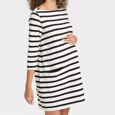 China Fashion Anti-static Hot Selling Plus Size Washable Pocket Black White Striped Three Quarter Sleeve Maternity Dress for sale