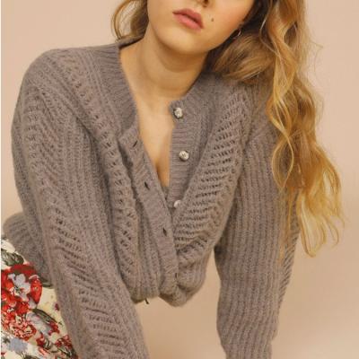 China Factory Direct Selling Button O Neck Design Long Sleeve Taupe Brown Breathable Women Short Knitted Sweater for sale