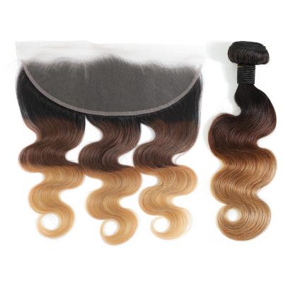 China Body Wave Ombre Hair Extensions 1B/4/27 Hair Braiding Bundle With Frontal Closure Raw Indian Hair Body Wave RUBE for sale