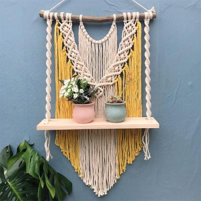 China Multifunctional Boho Woven Plant Hanger Solid Wood Macrame Wall Hanger Home Wall Hanging Tapestry Panel Decor Storage Panel Macrame for sale