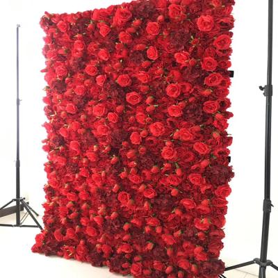 China Artificial 3D Wedding Silk Roll Up Red Roses Flowerwall Panel Curtain Wall Flowers Home Decorations Flower Wall Backdrop Wedding Decor for sale