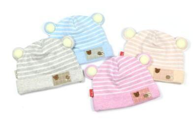 China baby hair balls ears caps head bear button stripes colored cotton warm hat wholesale for sale