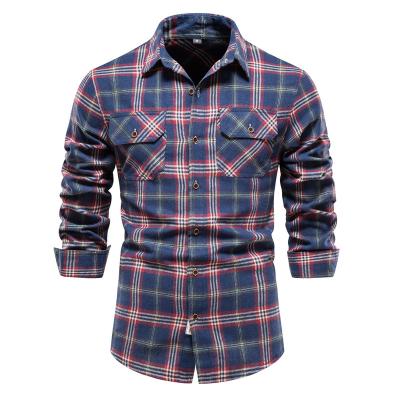 China Breathable Fashion Man's Plaid Shirt Long Sleeves Flannel Man's Casual Shirt for Profession Business with Pockets for sale