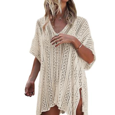 China QUICK DRY Women Beachwear Solid Color Crochet Bikini Cover Up Casual Beach Party Wear Sweater Dress for sale