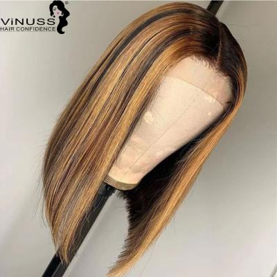 China Ombre Hair Lace Wig 1B#/27# Silky Straight Blonde Bob Lace Front Human Hair Short Highlight 13x6 Wave Wigs Pre Plucked Brazilian Remy Hair for sale