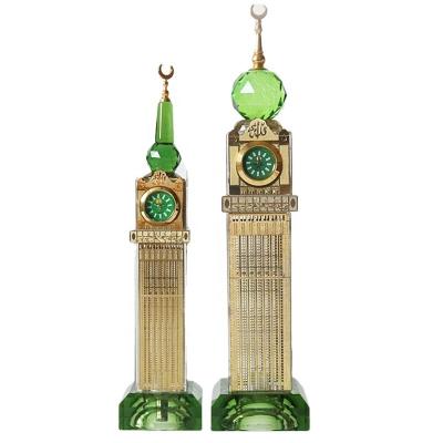 China Mecca Makkah Royal Crystal Glass Islamic Muslim Clock Tower Model With Led Light Base Of Middle East Souvenirs Gifts for sale