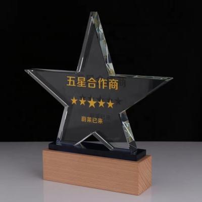 China Wholesale Europe Crystal Glass Star Trophy Awards with Wooden Base for Company Business Gifts for sale