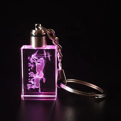 China Souvenir Gifts/Promotion Gifts/Wholesale Giveways Rectangle Shaped Laser Crystal Glass Led Light Keychain 3D Engraving Crystal Horse Keyring Gifts for sale