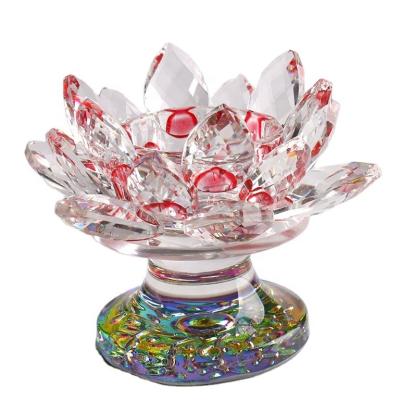 China Lightweight Buddhist Glass Crystal Lotus Flower Candle Holders Classical Home Decoration Tea Candlestick for sale