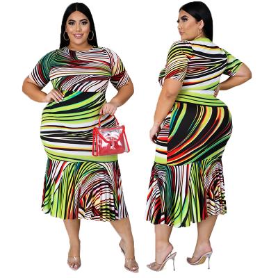 China Wholesale Custom Made Casual Women Anti-Static Summer Plus Size Dress Plus Size Striped Crewneck Short Sleeve Midi Dress for sale